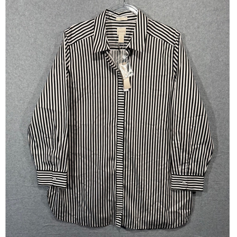 Chico's No Iron‎ Shirt Womens 3 Blouse Long Sleeve Black White Stripe